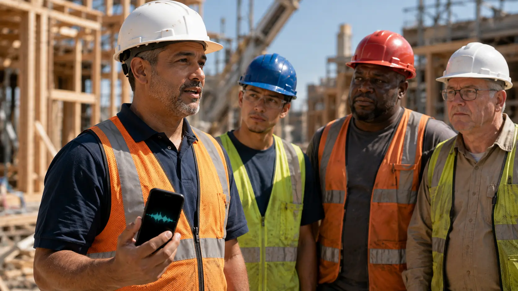 Foreman leading a toolbox talk with a construction crew