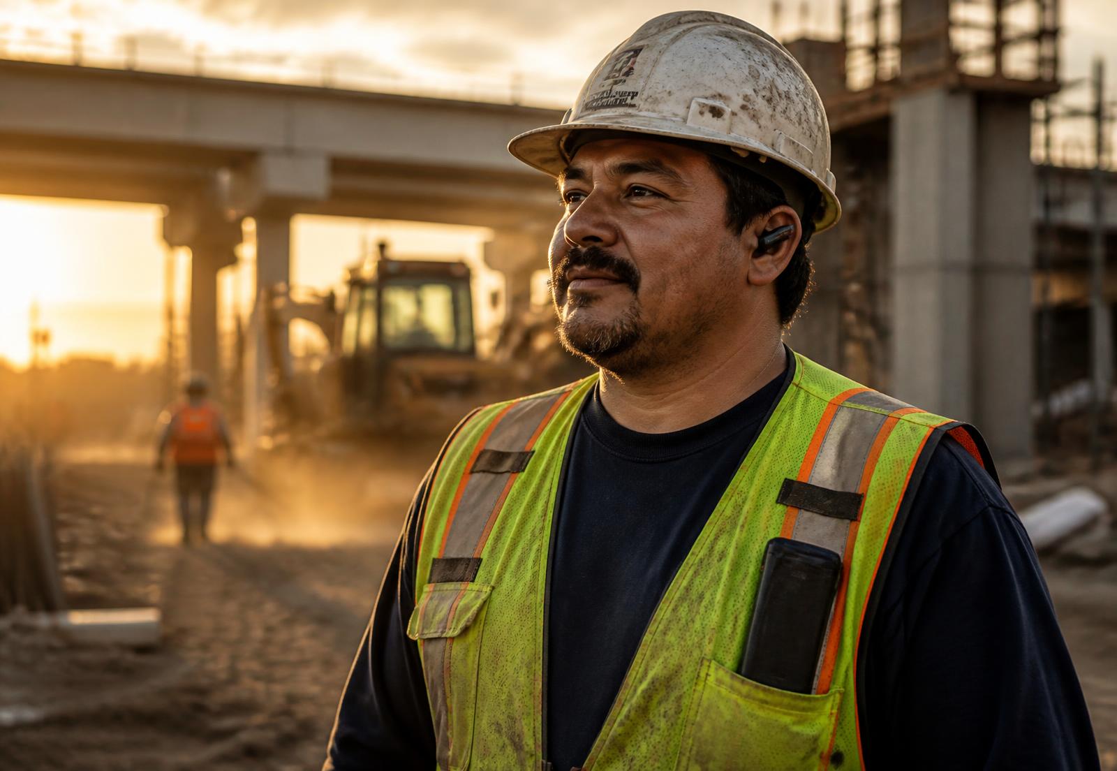 Construction worker in hi-vis vest using Make It Home hands-free on a jobsite at sunset
